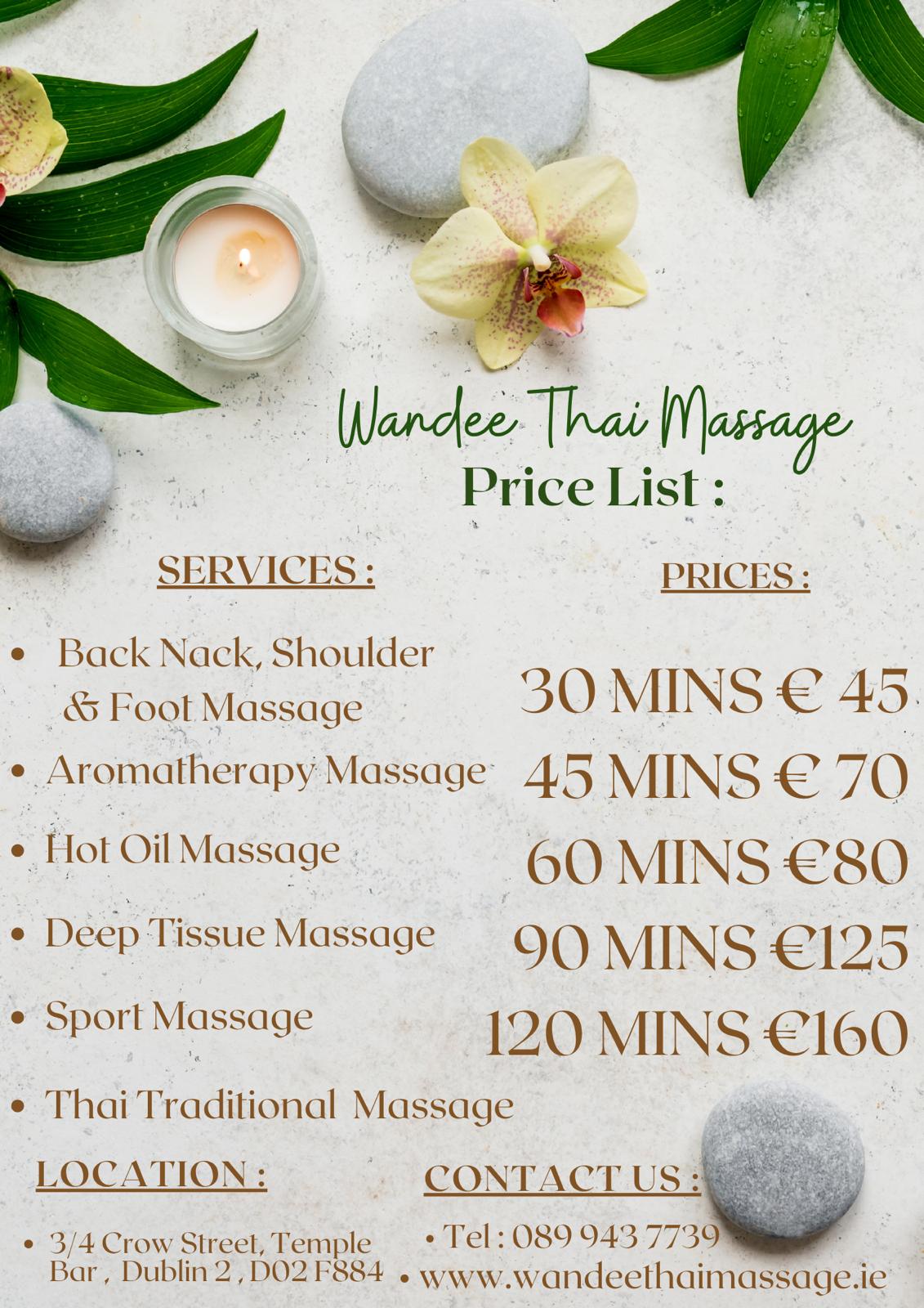 Wandee Thai Massage price list