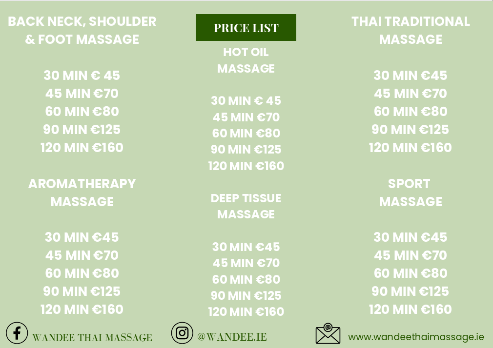 Wandee Thai Massage Price List